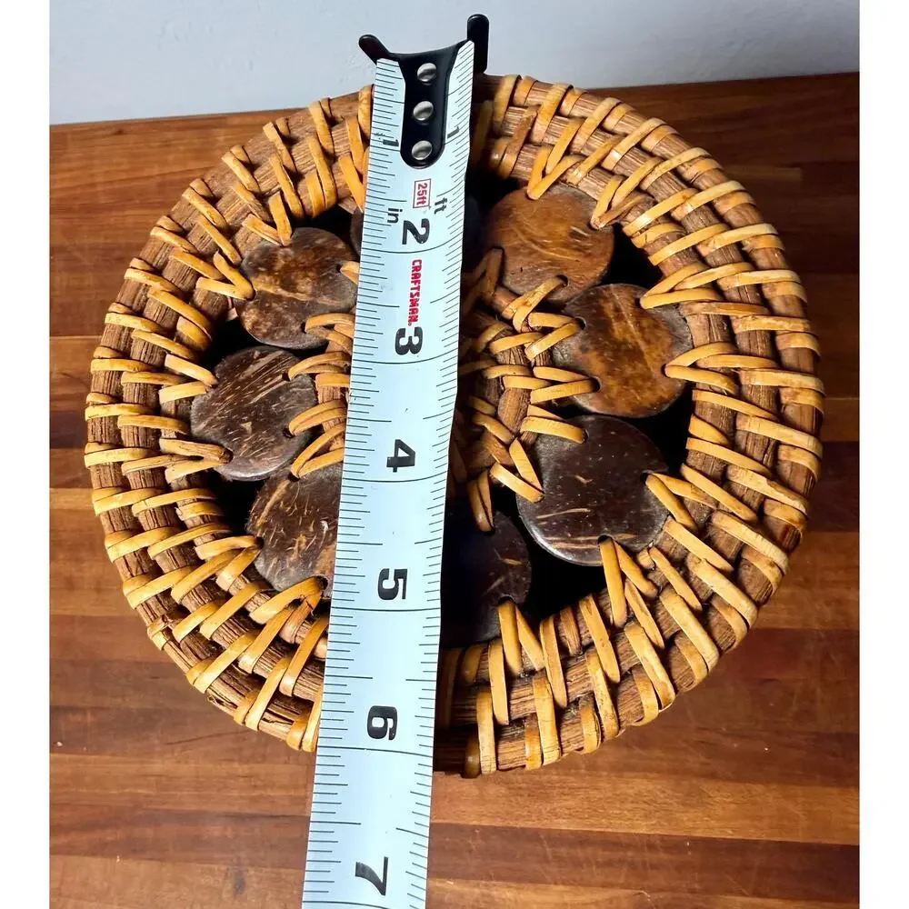 1970s Vintage Philippines Rattan Lidded Basket Coconut Shell Floral Lid Boho